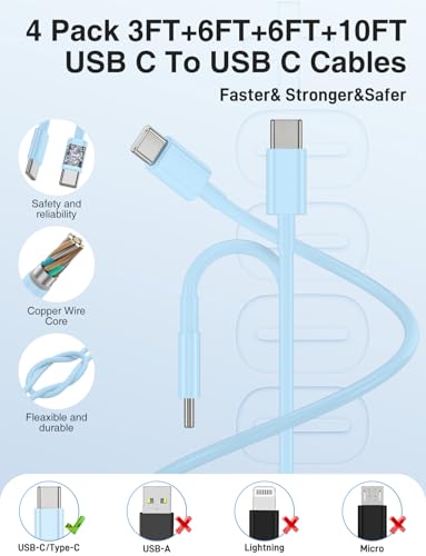 45W iPhone 17 16 15 Charger Fast Charging, 2 Pack Dual Port USB C Charger - color: Blue, size: 2pack-(3+6+6+10)ft