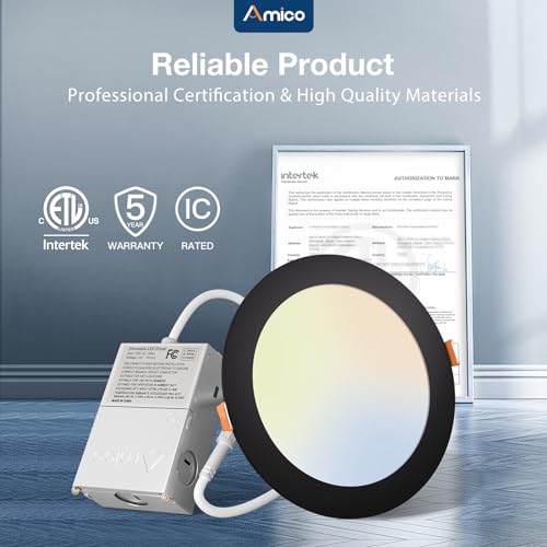 Amico 12 Pack 6 Inch LED Recessed Lighting, Canless Wafer Downlight, Black | 5CCT 2700K-5000K, 5%-100% Dimmable, Ultra-thin, Metal housing, 1050LM 12W 120V, IC & Damp Rated, ETL & FCC, 50000h Life Span - color: Black, size: 6 Inch