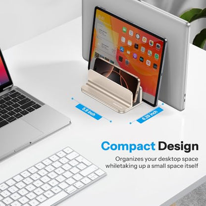 OMOTON 3-Slot Multiple Vertical Laptop Stand, Fits MacBook, Starlight | Adjustable Width 0-1.38", Aluminum Office Space-Saving for Desk, Fits MacBook/Book/iPad Up to 17.3in - color: Three Slots-Starlight