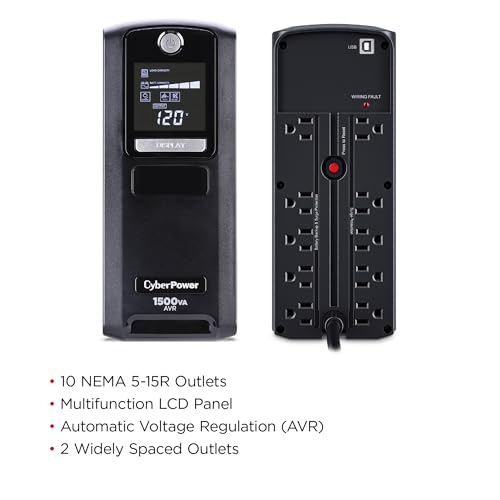 CyberPower CP1500GAVR Line‑Interactive UPS Battery Backup | 1500VA/900W, AVR, 10 Outlets, LCD Display, Mini-Tower, UL Certified - size: 1500VA