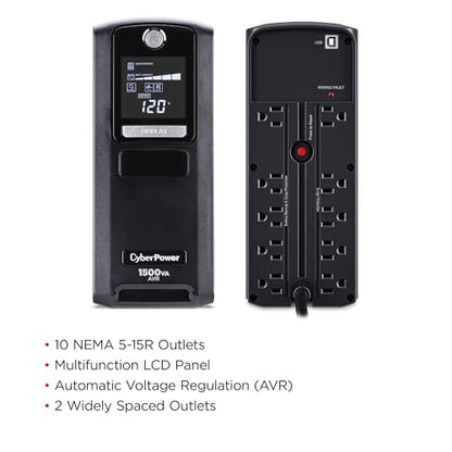 CyberPower CP1500GAVR Line‑Interactive UPS Battery Backup | 1500VA/900W, AVR, 10 Outlets, LCD Display, Mini-Tower, UL Certified - size: 1500VA
