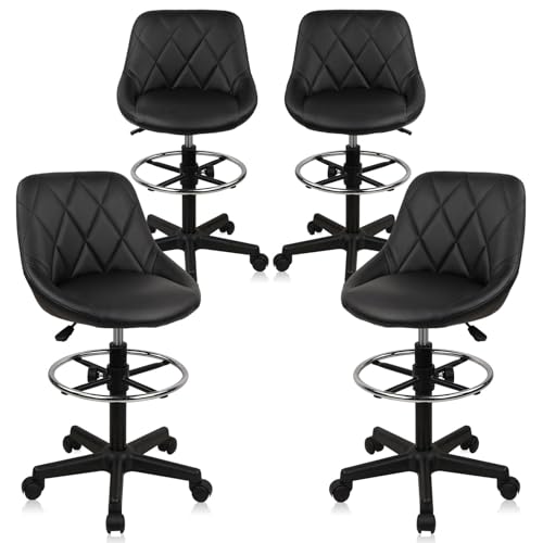 KLASIKA Drafting Chair with Backrest and Wheels, Set of 4 Adjustable Footrest Height Rolling Stool, PU Leather Tall Swivel Chairs Work Shop Office Desk Stools for Home Work Shop Kitchen Bar - color: Black-footrest, size: 4PK