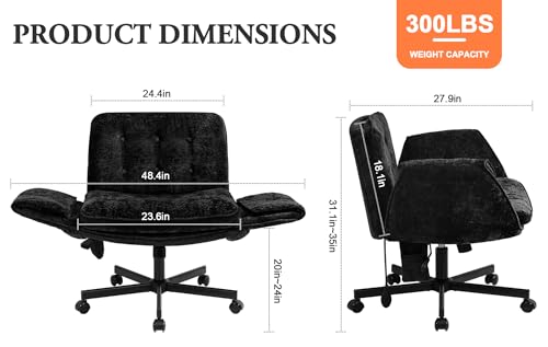 Criss Cross Chair with Lumbar Airbag & Folding Arms Relieve Back Pain, Wide Cross Legged Office Chair for Home Office, Comfy Swivel Desk Chair with Wheels, 5 Level Adjustable Armrest, Chenille(Black) - color: Black, style: With Airbag Lumbar Support