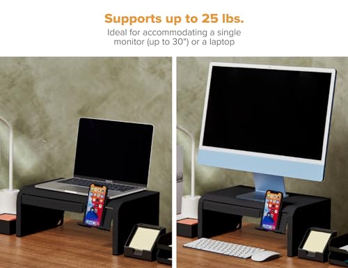 Bostitch Konnect Adjustable Monitor Riser with Drawer & Cell Phone Holder, Laptop Stand for Desk, 4 Height Levels, Cable Management & Rubber Feet - color: Black, style: Deluxe Laptop Stand