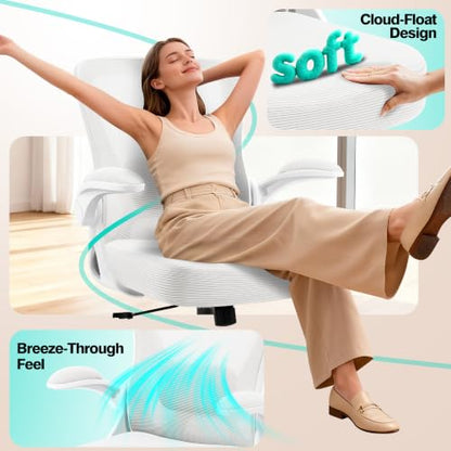 AreShark Office Chair - Ergonomic Breathable Mesh Desk Chair with Adjustable Lumbar Support and Flip-up Armrests - Executive High Back Rolling Swivel Comfortable Computer Gaming Chair for Home Office - color: White