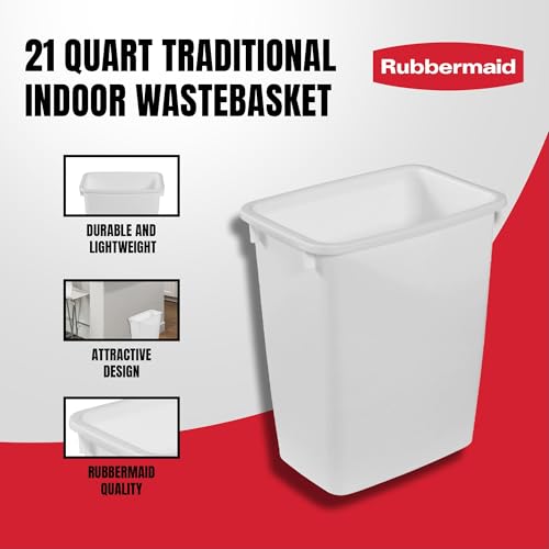 Rubbermaid 4 Pack Traditional Open Top Waste Basket Indoor Trash Bin Container for Bathrooms, Kitchens, and Home Office, 21 Quart, White
