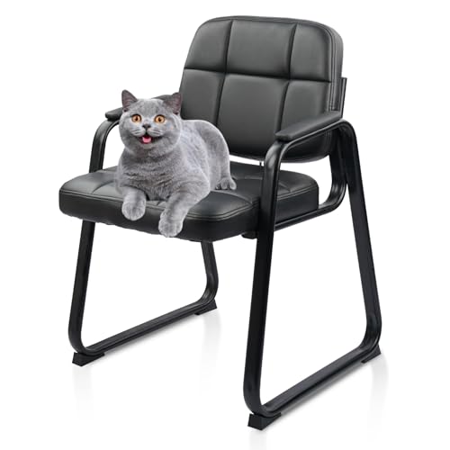 CLATINA Leather Stationary Office Reception Guest Chair, Comfy Waiting Room Chairs with Padded Arms and Sled Base for Reception Conference Elderly Side Office Desk Home Conference Room Lobby Table - color: Inky, size: 1 Pack