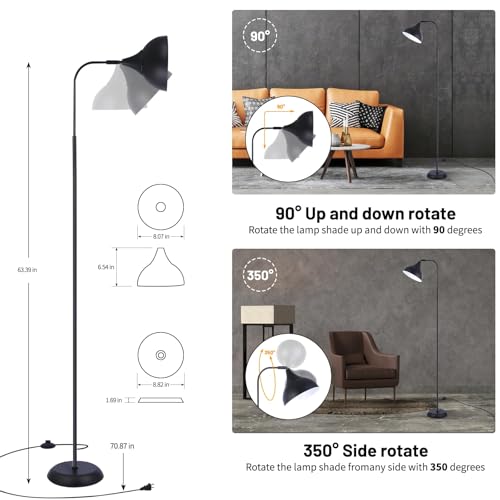 Industrial LED Floor Lamp,Black Metal Adjustable Standing Lamp for Living Room, Bedroom, Office,Rotating Head Tall Reading Lamp for Sofa or Desk, Modern Home Decor (Industrial, Metal)