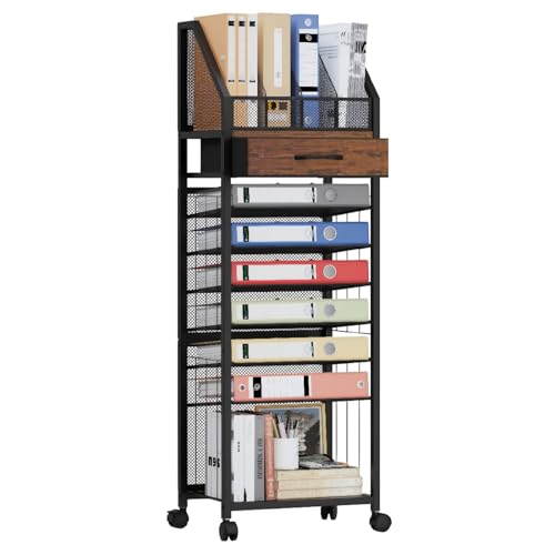 SWTYMIKI 9-Tier Rolling File Cart - Paper Organizer with Drawer and Trays, Wood Desk Office Organizer, Office Organization and Binder Storage for Workspace, Home, School, Espresso - color: Espresso, size: Standing Type