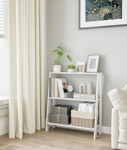 3-Tier Ladder Bookshelf, Bathroom Shelf Freestanding, Small Bookshelf with Storage, Display Stand for Home Office, Living Room, Kitchen, Bedroom, Bathroom, White - color: White