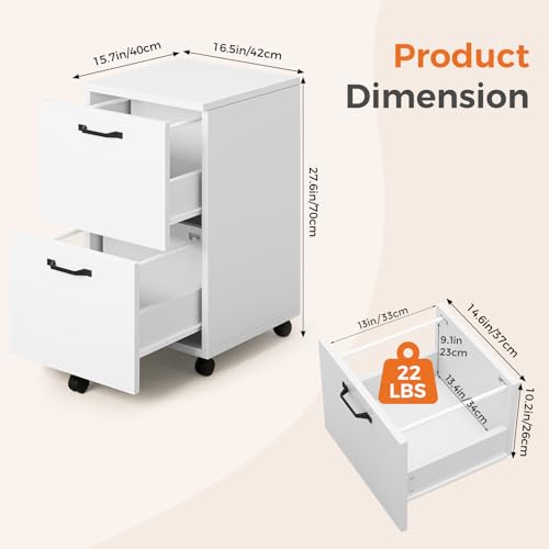 Sweetcrispy 2-Drawer Rolling File Cabinet, Under Desk Storage, White