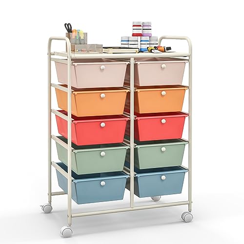 Giantex 10 Drawers Rolling Cart, Classroom Organizers, Storage Cart with Wheels, for Teacher Office Home School Supplies Tool Craft Art Paper, Multicolor - color: Macaron Multicolor, size: 10 Drawers Big