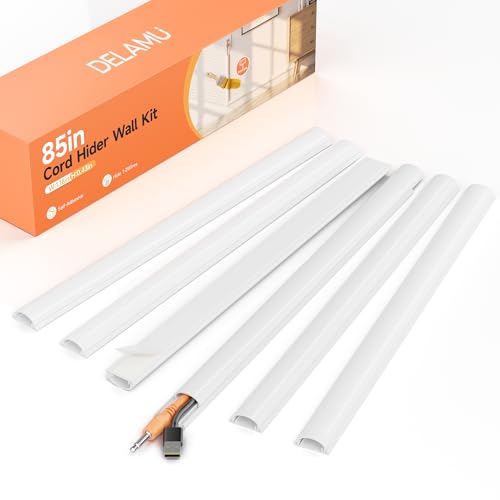 Delamu 85in Adhesive Cord Hider Wall, Mounted TV Cord Cover Kit, Multiple Cable Raceways for Wall Corner, Wire Cover Hiders for 1-2 Cables, 1.18" W X 0.43" H, White - color: White, size: 85in L X 1.18in W X 0.43in H