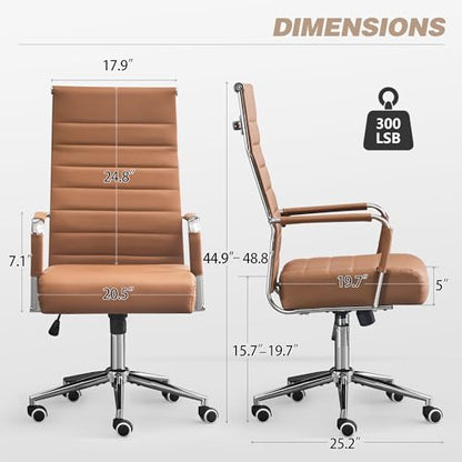 JOMEED Office Desk Chair,Conference Room Chair,High Back PU Leather Swivel | Modern Executive Ribbed Design, Ergonomic, Height Adjustable, Wheels and Arms, for Home Office(Brown-Silver Frame) - color: Brown-sliver Frame