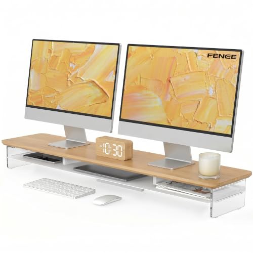 Fenge 42.5" Dual Monitor Stand with Clear Acrylic Legs, Dark Oak | Clear Acrylic, Storage Compartment, 2-tier Home Office Monitor Riser, Wide Large Desktop Shelf Fit Monitor/Laptop/Printer - color: Dark Oak, size: 42.5in