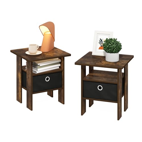 Furinno Andrey Set of 2 Square Side Table, End Table, Amber Pine | Open Shelves and Storage Bin, Square Modern Night Stand, Bedside Table, for Study, Dorm, Living Room, Bedroom - color: Amber Pine/Black, size: 2-Pack, Center Bin