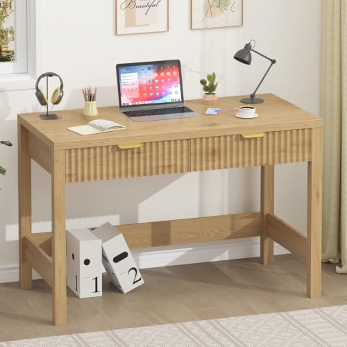 39 Inch Small Fluted Computer Desk with 2 Drawers for Bedroom, Home Office - color: Oak, size: 39 Inch Desk