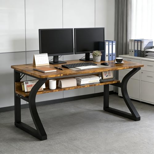 Oraspala﻿ Computer Desk 47 Inch Large Comouter Desk Home Office Desks with Storage Shelf Working Desk with Stable C-Shaped Legs Spacious Desktop for Home Office Gaming & Study (Brown, 47inch)