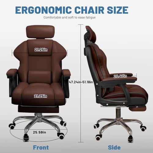 Executive Computer Chair Home Office Desk Chair,Adjustable Angle, Ergonomic Adjustable Height PU Leather Chairs with Cushions Armrest for Long Time Seating-High Office Chair with Footrest - color: Brown