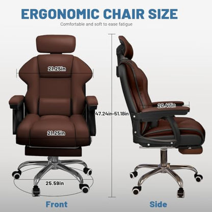 Executive Computer Chair Home Office Desk Chair,Adjustable Angle, Ergonomic Adjustable Height PU Leather Chairs with Cushions Armrest for Long Time Seating-High Office Chair with Footrest - color: Brown