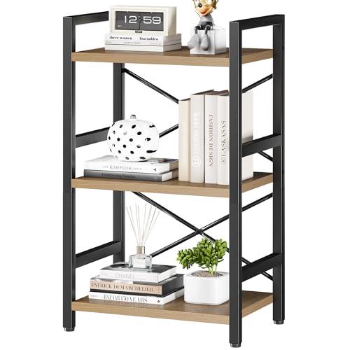 Homeiju Bookshelf, 3 Tier Industrial Bookcase, Metal Small Bookcase, Rustic Etagere Book Shelf Storage Organizer for Living Room, Bedroom, and Home Office(Light Coffee) Patent Pending D29873033 - color: Light Coffee, size: 3 Tier