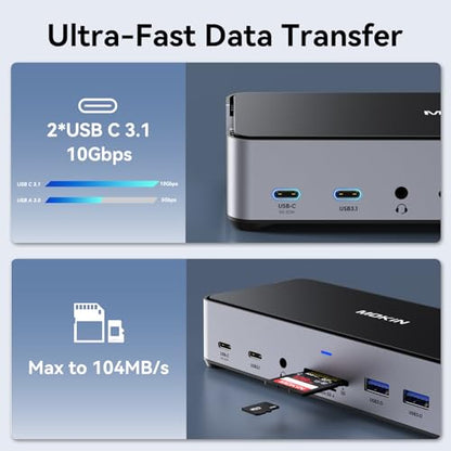 USB C Docking Station 3 Monitors Laptop USB C Dock Dual Monitor with 2 HDMI DisplayPort 4K144Hz,USB A 2.0/3.0,USBC 3.1 10Gbps&30W Output,Ethernet,microSD&SD,Audio&Mic,150W DC Power for Dell/Lenovo/HP