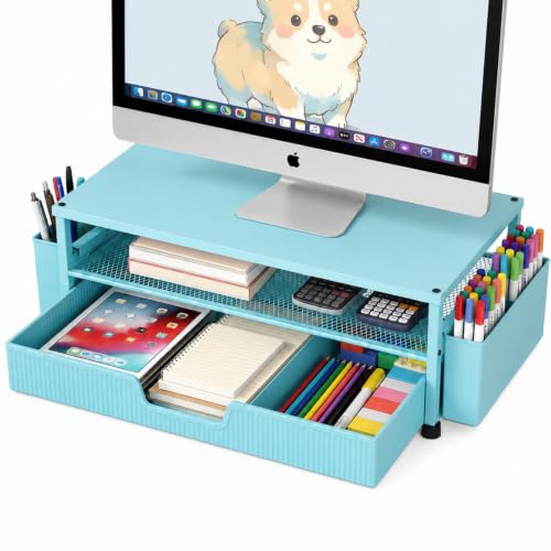 ECOLOVI Desk Organizer and Accessories, 2-Tier Computer Monitor Stand Rise with Storage Drawer & 2 Pen Holders, Laptop & Printer Stand for Desktop, Workspace Organizers for Office Supplies (Blue) - color: Blue