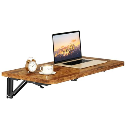 IBUYKE Wall Mounted Folding Table, Floating Wall Desk for Small Spaces, Fold Down Laundry Shelf with Heavy-Duty Brackets, Wall Table for Home Office/Bar/Kitchen/Dining, Rustic Brown UTVT005H - color: Rustic Brown