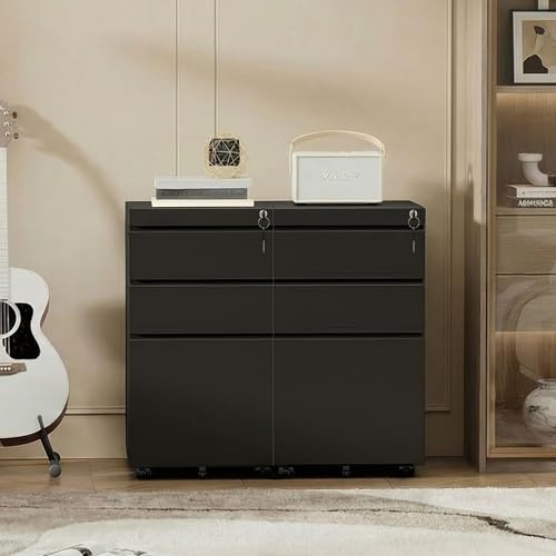 Bonusall 【Fully Assembled 3 Drawer File Cabinet with Lock, Small Under Desk Filing Cabinet for Home Office, Fully Assembled Metal Rolling Storage Fits A4/Letter/Legal, Black