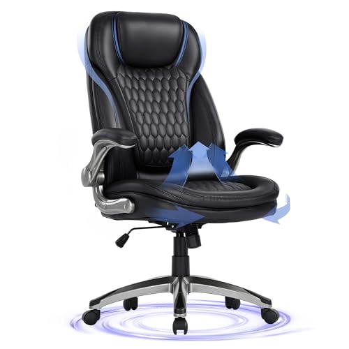 COLAMY Executive Office Chair-Ergonomic Computer Desk Chair, High Back Leather Chair with Padded Flip-up Arms, Swivel Home Office Chair, Black - color: Black, size: set of 1