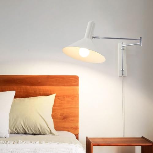 Swing Arm Wall Sconce Plug in Cord Reading Light Wall Mounted Mid Century Modern Lighting Fixture White Chrome Long Adjustable Arm Wall Lamp for Bedroom Bedside Headboard Living Room - color: With Plug in Cord