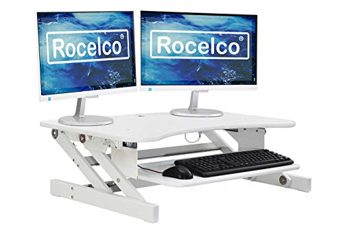 Rocelco 37.5" Deluxe Height Adjustable Standing Desk Converter - Quick Sit Stand Up Dual Monitor Riser - Gas Spring Assist Computer Workstation - Large Retractable Keyboard Tray - White (R DADRW) - color: White, size: 37.5", style: Riser Only