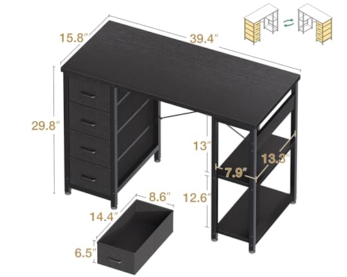 ODK 40 Inch Small Computer Desk with 4 Fabric Drawers
