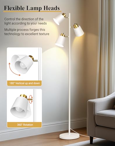 Tree Floor Lamps for Living Room, 67" Modern Standing Lamp with 3 Lights | 3 LED Bulbs Included, 3 Rotatable Light Heads, White Gold, Metal Material, 2700K Stand up Lamps, Tall Lamp for Bedroom Home - color: White Gold