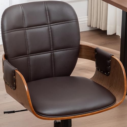 Desk Chair for Small Office, Mid Century Modern Desk Chair, Walnut Finish | Ergonomic Curved Back, Bentwood Frame, Rocking Function & 360° Swivel, Height Adjustable 19"-23", Support Up to 350 lbs - color: Coffee Brown