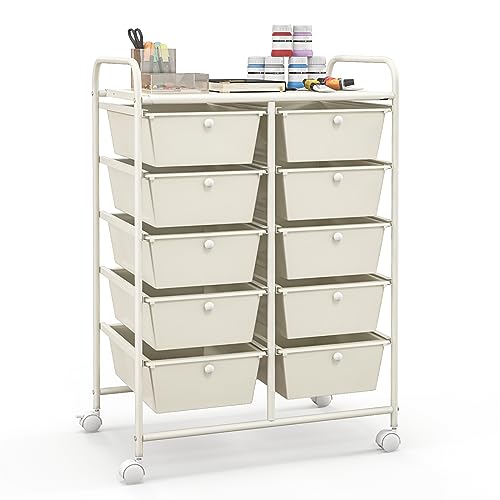 Giantex 10 Drawers Rolling Cart, Classroom Organizers, Storage Cart with Wheels, for Teacher Office Home School Supplies Tool Craft Art Paper, Ivory Color - color: Ivory, size: 10 Drawers Big