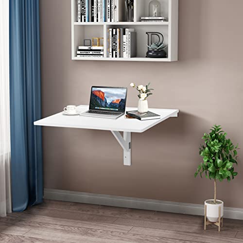 Wall Mounted Folding Table, 31.5’’ x 23.5’’ Wood Floating Desk for Laptop, Study & Dining in Balcony, Bedroom, Bathroom, Kitchen, Drop-Leaf Wall Desk Fold Down for Small Spaces (White)