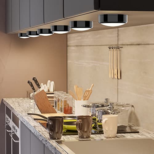 HELPLEX LED Puck Lights with Remote, 3 Pack Color Changing RGBW Stick-On Light, Battery Powered, Dimmable Under Cabinet Lighting with Timer & Memory, Wireless Push Lights for Kitchen & Closet, Black - color: Black, size: 3 Pack