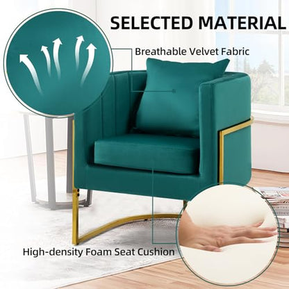 Velvet Accent Chairs Set of 2, Contemporary Barrel Armchairs, Living Room Bedroom Club Chair Set with Pillow, Channel Tufted, Gold Finish Base, Green - color: Green, size: 2 PCS