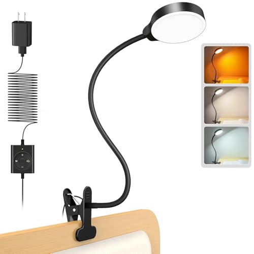 Glocusent 5W Clip on Light, 3 Colors & 5 Brightness Reading Light for Bed | Flexible Gooseneck Clip on Lamp, 30-Min Timer, Reading Lamp, Perfect Desk Lamp for Dorm,Bunk,Bed,Headboard,Table,Work,Craft - color: Black