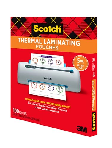 Scotch Thermal Laminating Pouches, 100 Count, Clear, 5 mil., Laminate Business Cards, Banners and Essays, Ideal Office or School Supplies, Fits Letter Sized (8.9 in. × 11.4 in.) Paper - size: 100-Pack