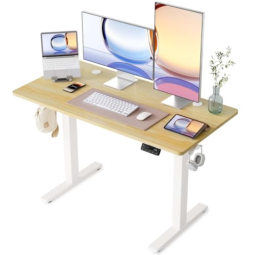 YIHAYO Electric Standing Desk, 48 x 24 Inches Stand Up Desk with Splice Board, Adjustable Height Desk, Computer Desk for Home Office, White Frame/Natural Top - color: White Frame/Natural Top, size: 48*24 Inch