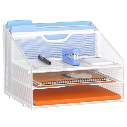 GAWERK Letter Tray Organizer, Mesh Desk File Organizer with 3 Paper Trays and 2 Vertical Upright Section (White) - color: White