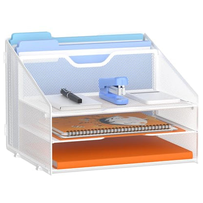 GAWERK Letter Tray Organizer, Mesh Desk File Organizer with 3 Paper Trays and 2 Vertical Upright Section (White) - color: White