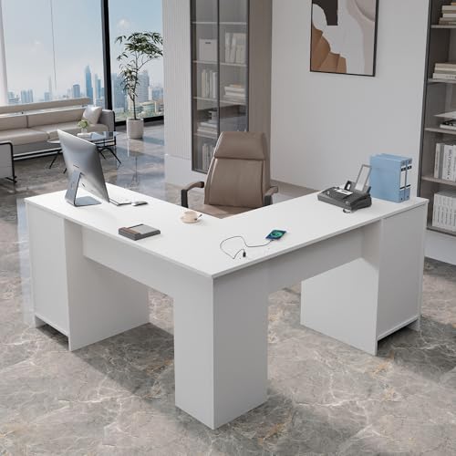 MU L Shaped Desk with File Cabinet, Corner Computer Desk with Storage Drawers, Large Home Office Table with Power Outlets, 60 Inch (White) - color: White