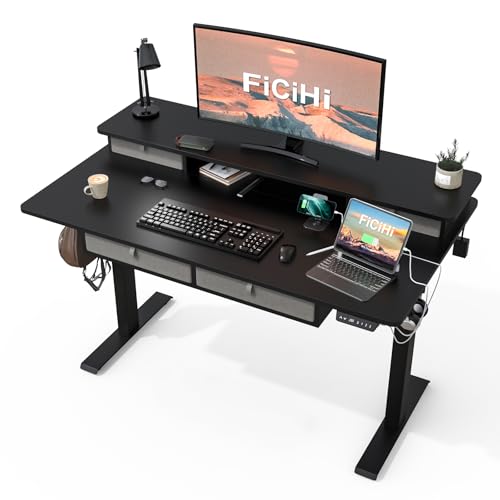 FiCiHi 48x30Inch Standing Desk with Drawers,Electric Height Adjustable Desk | Computer Sit Stand Desk,Large Workspace, 30 Inch Deep Home Office Desk with Monitor Stand, USB Charging Port,Cable Management - color: Classical Black, size: 48*30inch