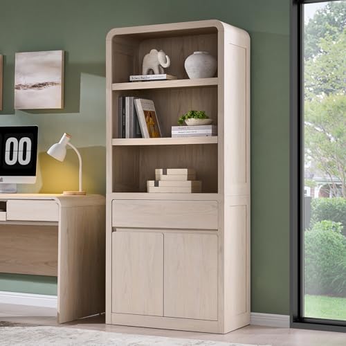 72" Tall Modern Bookshelf with Doors, 5-Tier Large Bookcase w/Drawer, Wooden Storage Cabinet w/Adjustable Shelves, Versatile Book Shelf w/Curved Profile Design for Living Room, Office, Cream - color: Cream