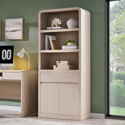 72" Tall Modern Bookshelf with Doors, 5-Tier Large Bookcase w/Drawer, Wooden Storage Cabinet w/Adjustable Shelves, Versatile Book Shelf w/Curved Profile Design for Living Room, Office, Cream - color: Cream