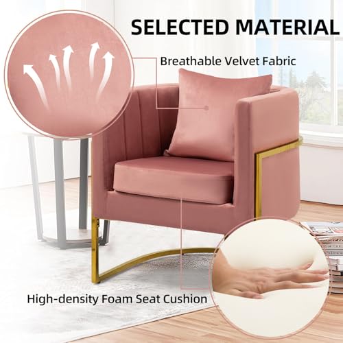 Velvet Accent Chairs Set of 2, Contemporary Barrel Armchairs, Living Room Bedroom Club Chair Set with Pillow, Channel Tufted, Gold Finish Base, Blush Pink - color: Blush Pink, size: 2 PCS