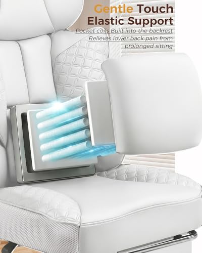 COMHOMA Big and Tall Office Chair Heavy Duty Gaming Chair with Deluxe Embossing Leather High Back Wider Ergonomic Computer Chair with Foot Rest 145°Reclining Pocket Spring Lumbar Support - color: Ivory White